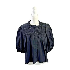 Calypso Black Smocked Ruffle 3/4 Balloon Sleeve 100% Cotton Top Size Medium